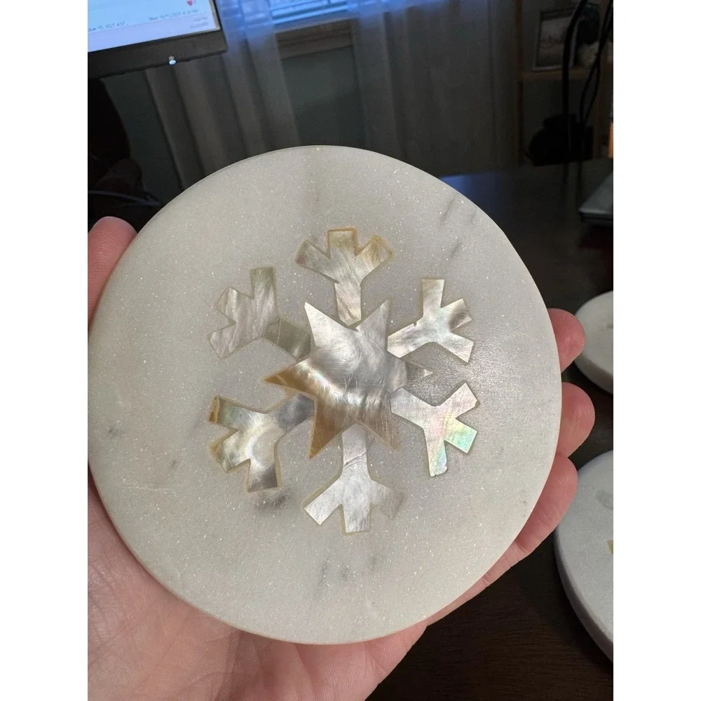 Marble Coasters - Mother of Pearl Snowflake Inlay - Set of 4 Christmas Holiday